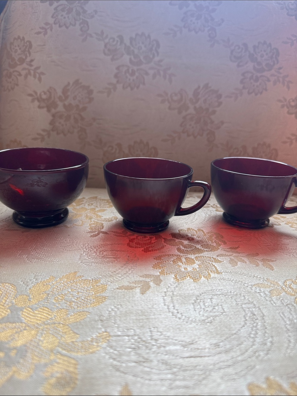 Set of Two Ruby Red Glass Cups and bowl